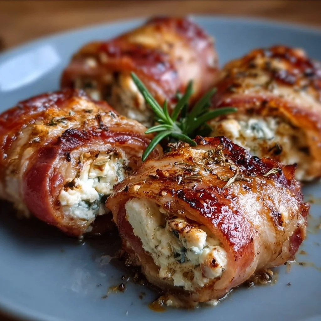 Gegrillte Feta-Schinkenröllchen auf dem Grill serviert.