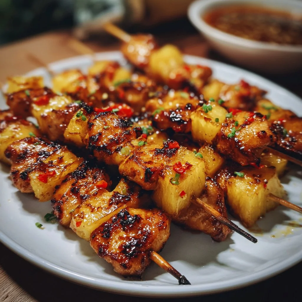 Gegrillte Hähnchen-Ananas-Spieße mit Honig-Chili-Glasur auf dem Grill
