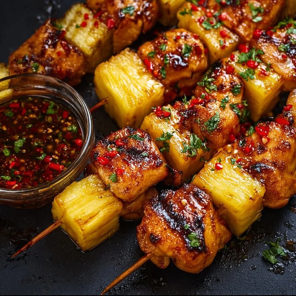 Gegrillte Hähnchen-Ananas-Spieße mit Honig-Chili-Glasur