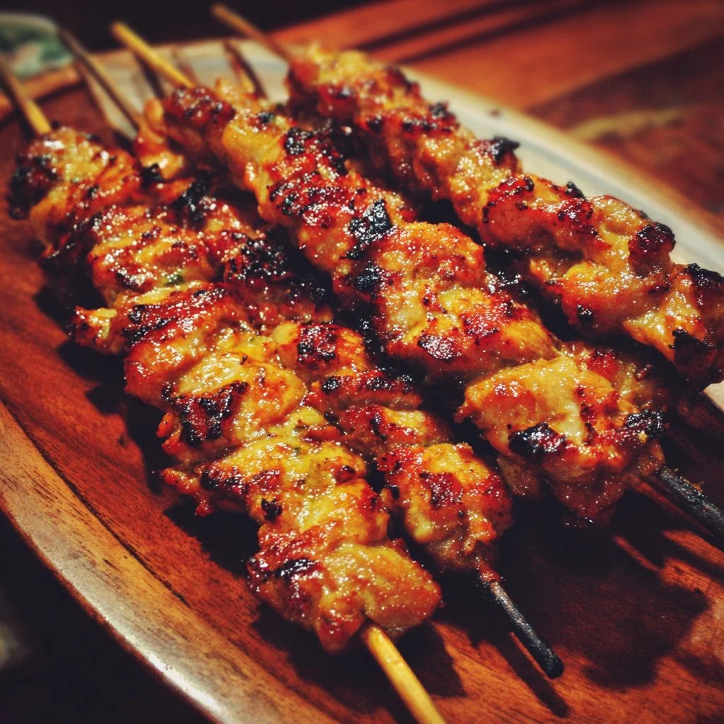 Gegrillte Thai-Kokosnuss-Hähnchenspieße auf einem Grill serviert