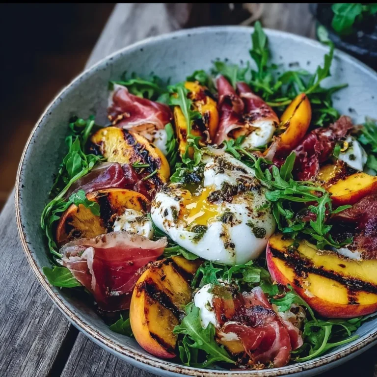 Gegrillter Nektarinen Burrata Salat mit Prosciutto auf einem Teller