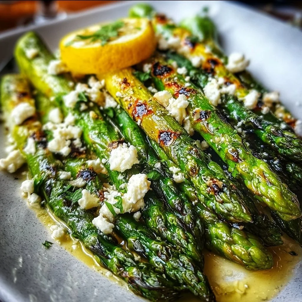 Gegrillter Spargel mit Zitrone und Feta auf dem Grill