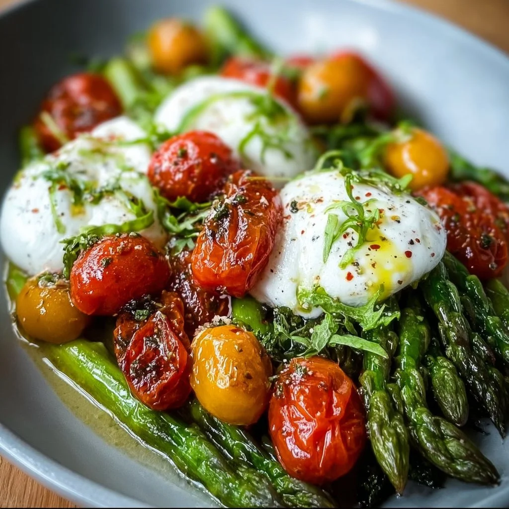 Gerösteter grüner Spargel mit Burrata und Tomaten auf einem Teller