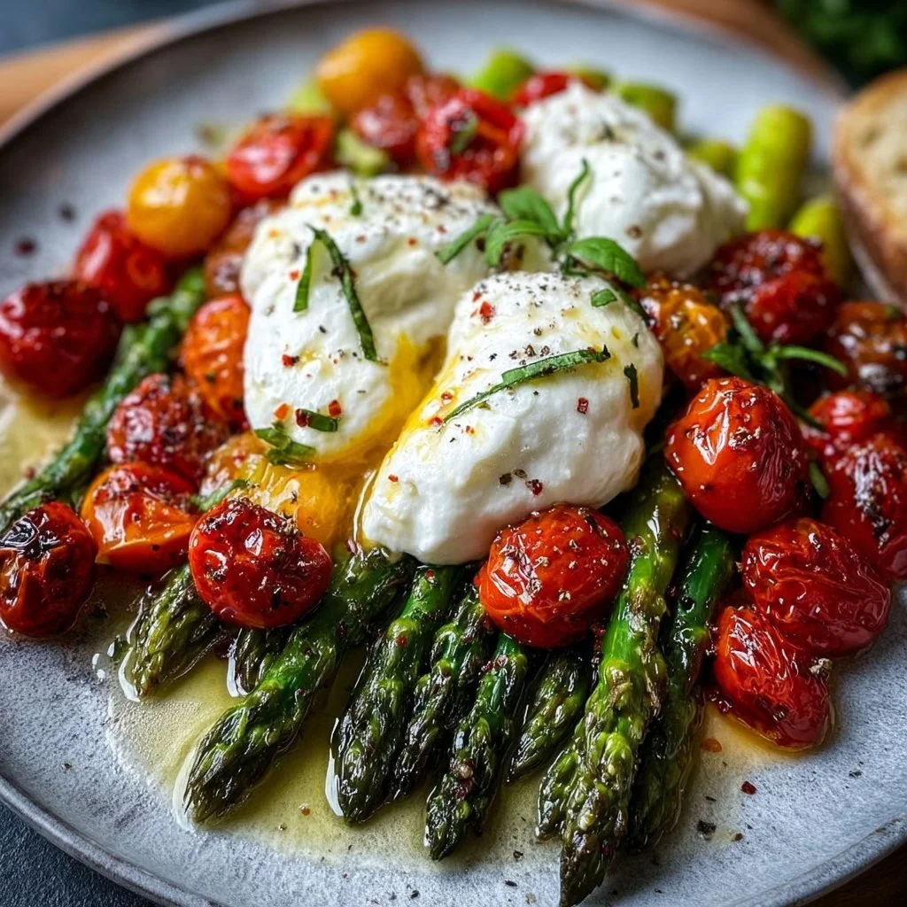 Gerösteter grüner Spargel mit Burrata und Tomaten: Ein Unglaubliches Ultimatives Rezept für 4 Personen