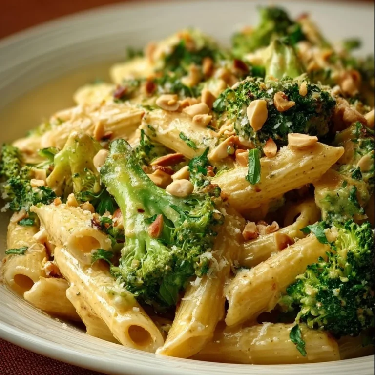 Gesunde Brokkoli-Erdnuss-Pasta mit frischen Zutaten auf einem Teller.
