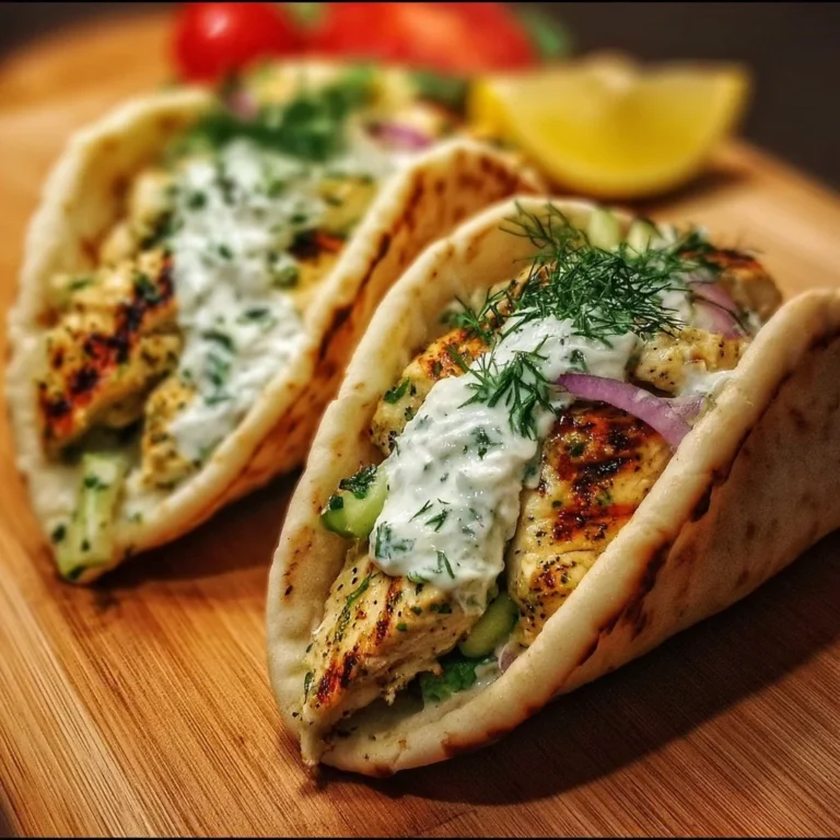 Griechische Hähnchen-Pitas mit Tzatziki und Feta auf einem Teller serviert.