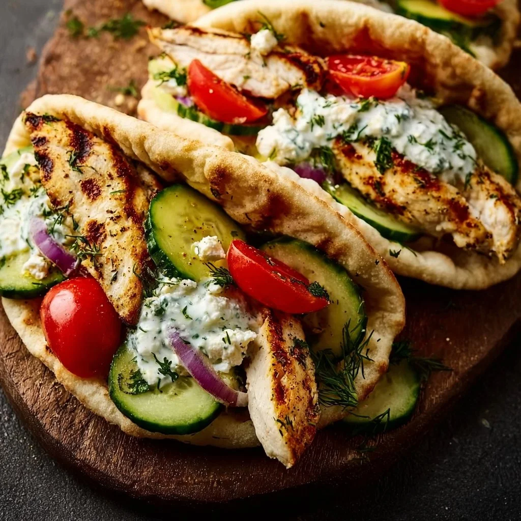 Griechische Hähnchen-Pitas mit Tzatziki und Feta