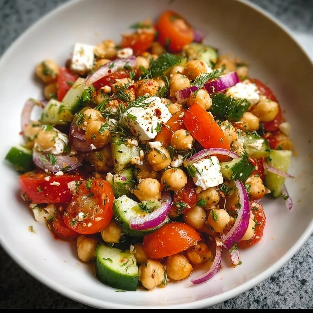 Griechischer Kichererbsensalat mit frischem Gemüse und Dressing