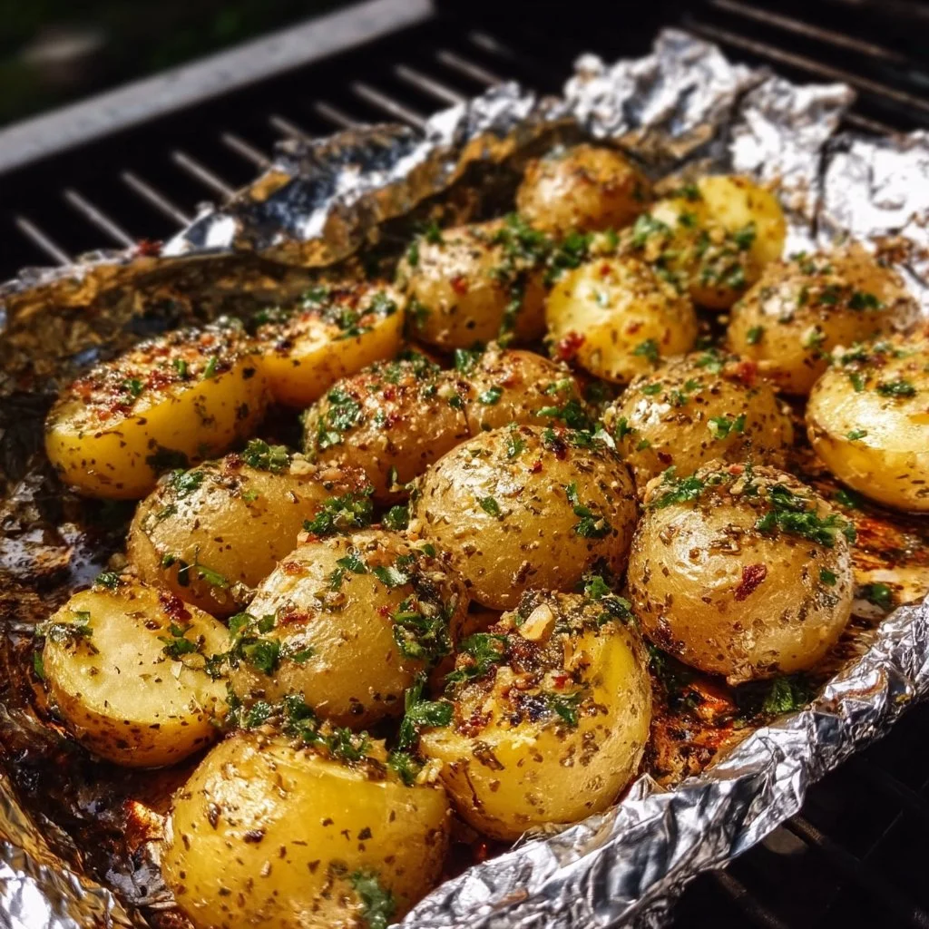 Würzige Grillkartoffeln in Alufolie zubereitet auf dem Grill.