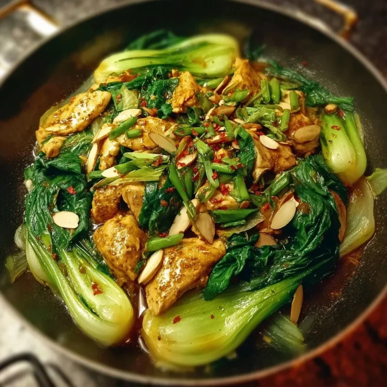 Hähnchen Pak Choi Pfanne mit Mandeln auf einem Teller serviert