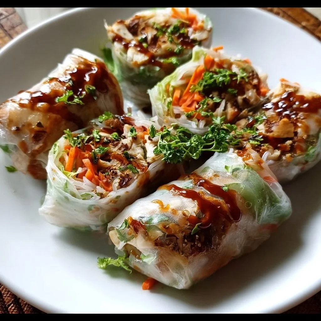 Hähnchen Teriyaki Reispapier Frühlingsrollen auf einem Teller
