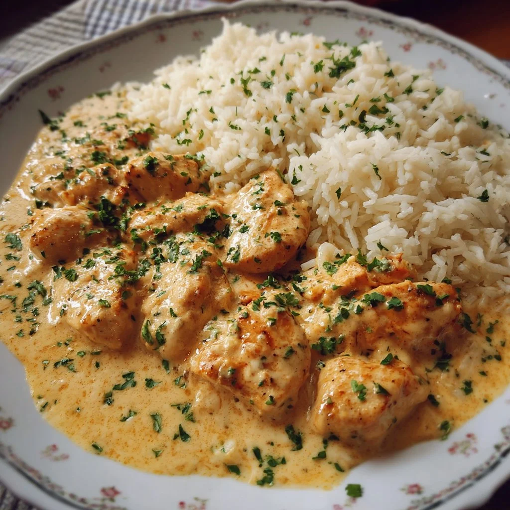 Hähnchenbrust in Sahnesauce mit Reis auf einem Teller angerichtet