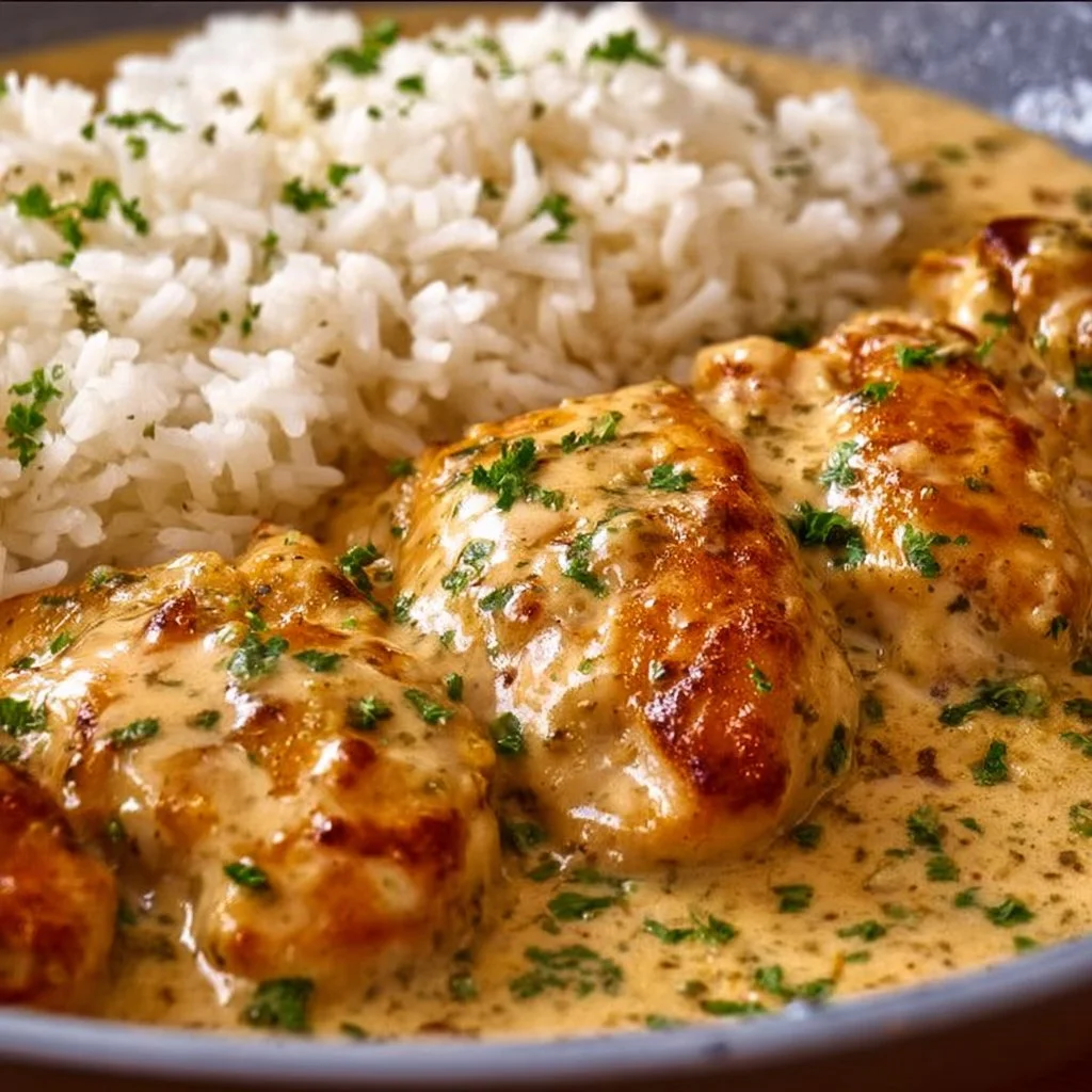 Hähnchenbrust in Sahnesauce mit Reis