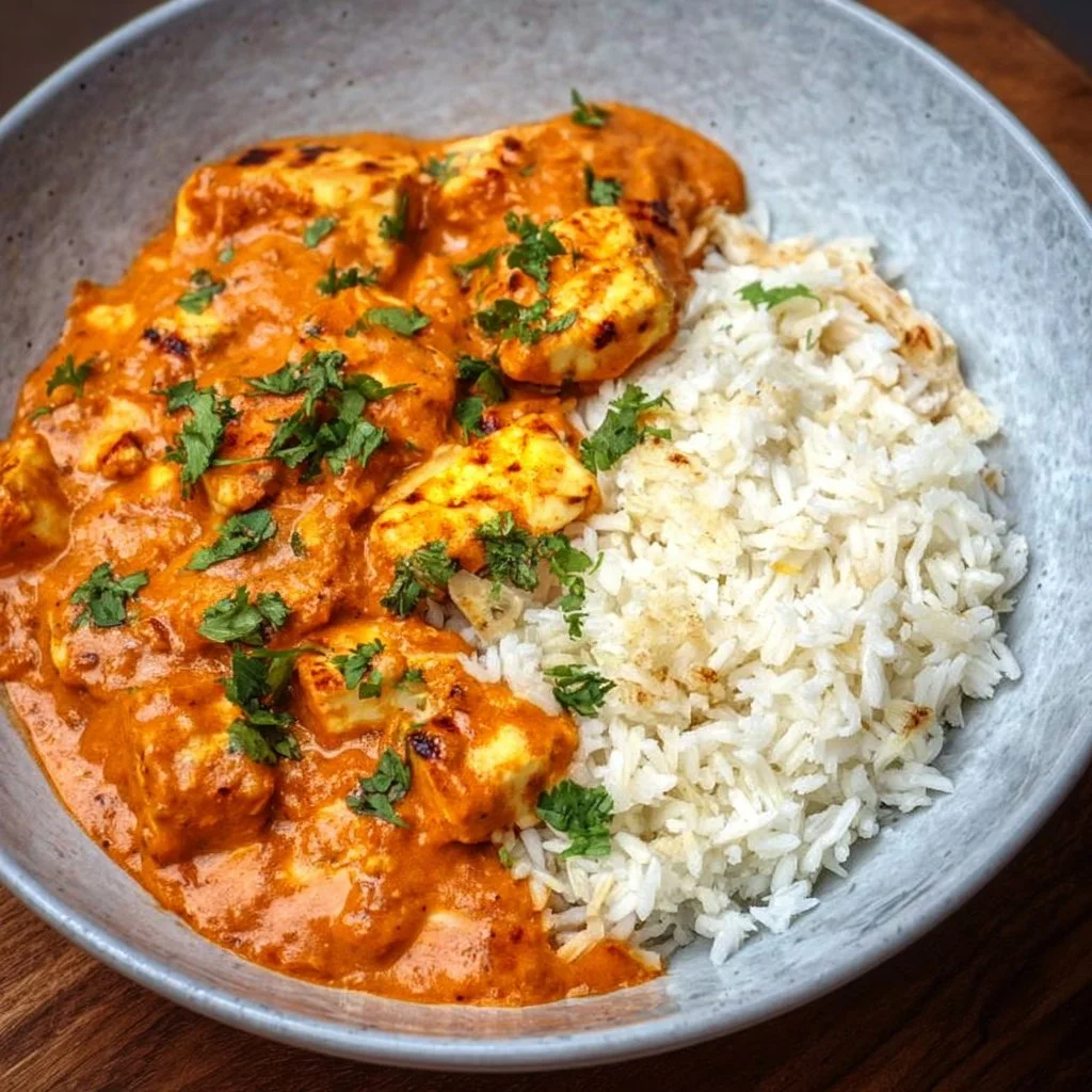 Plate of Halloumi Tikka Masala with herbs and spices