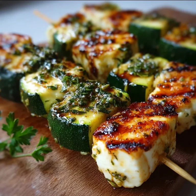 Gegrillte Halloumi Zucchini Spieße auf einem Teller
