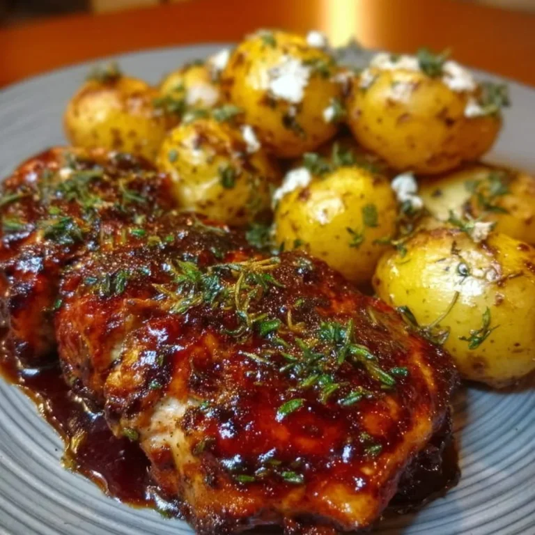 Honig-BBQ-Hähnchen mit Knoblauch-Parmesan-Kartoffeln auf einem Grill-Teller angerichtet.