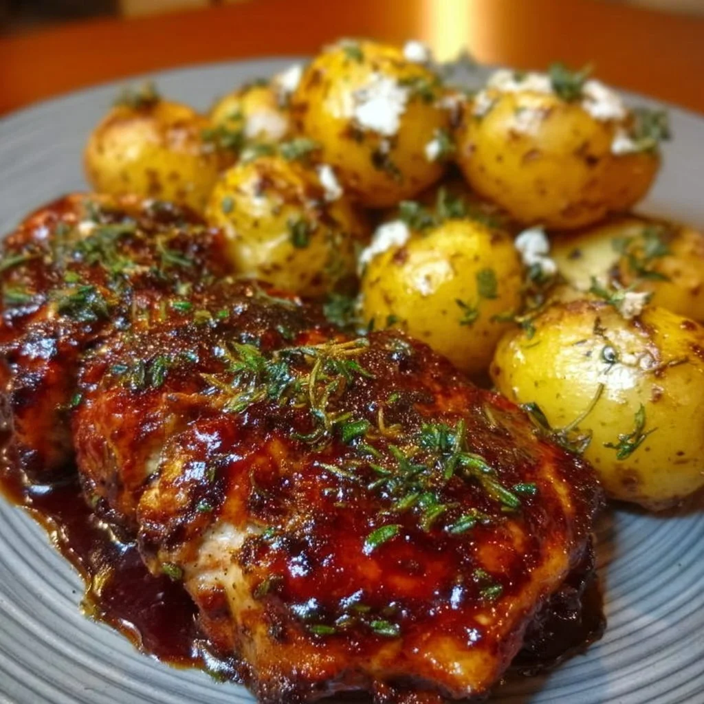 Honig-BBQ-Hähnchen mit Knoblauch-Parmesan-Kartoffeln auf einem Grill-Teller angerichtet.