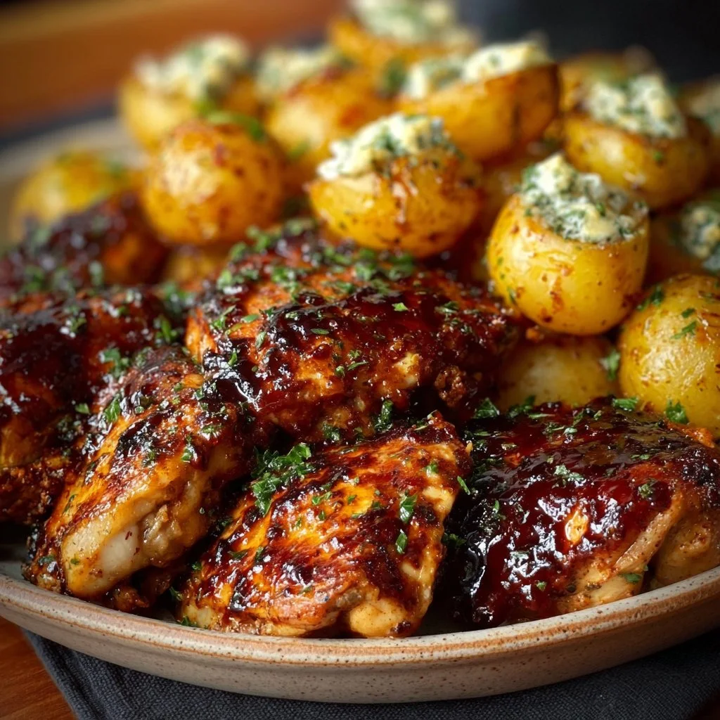 Honig-BBQ-Hähnchen mit Knoblauch-Parmesan-Kartoffeln