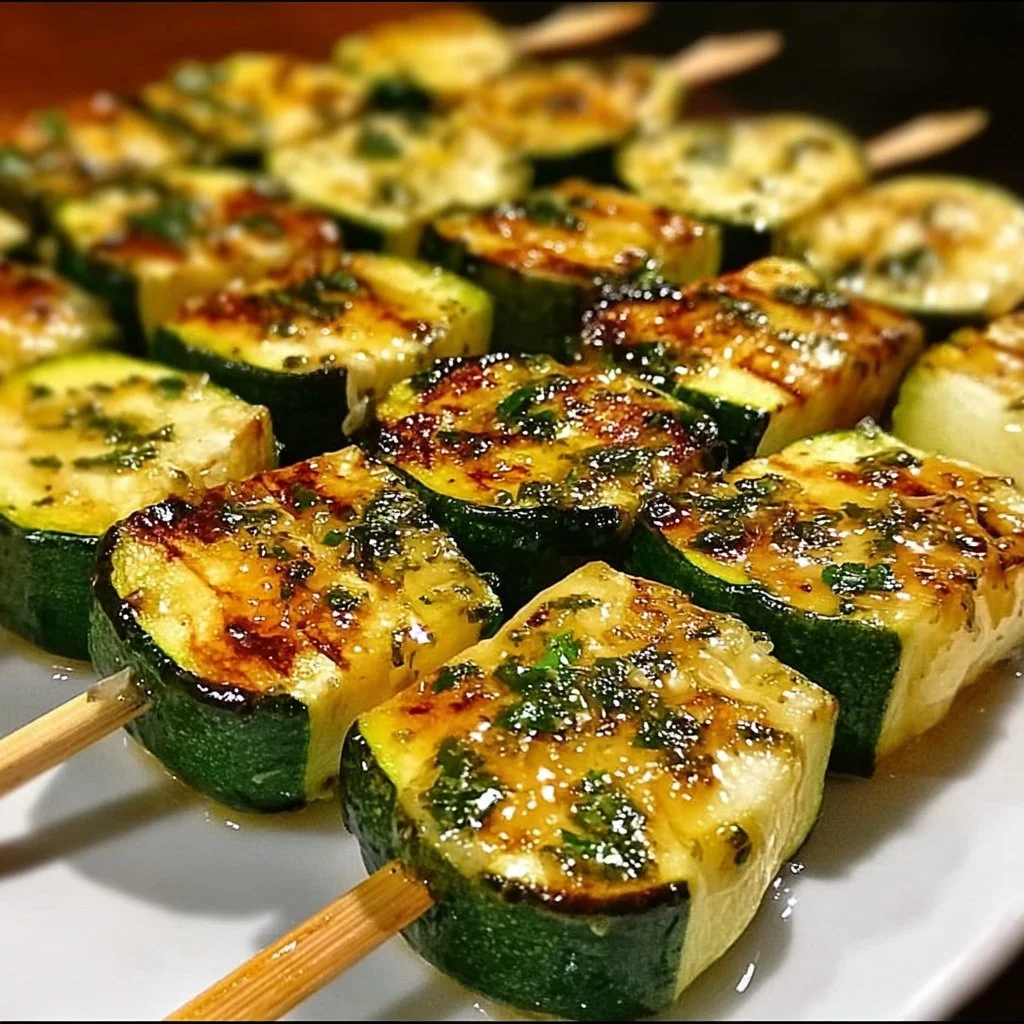 Leckere Knoblauchbutter Zucchini Spieße auf einem Grillteller