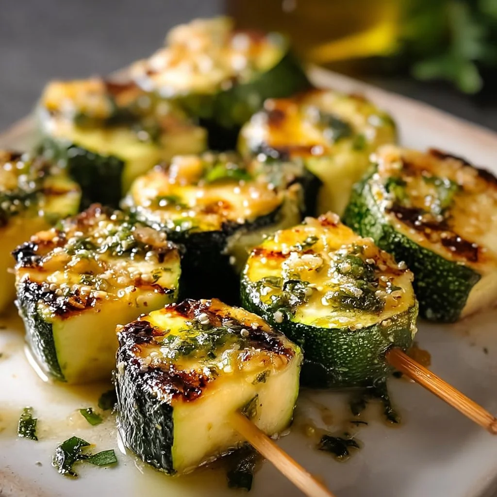 Knoblauchbutter Zucchini Spieße auf einem Grill serviert