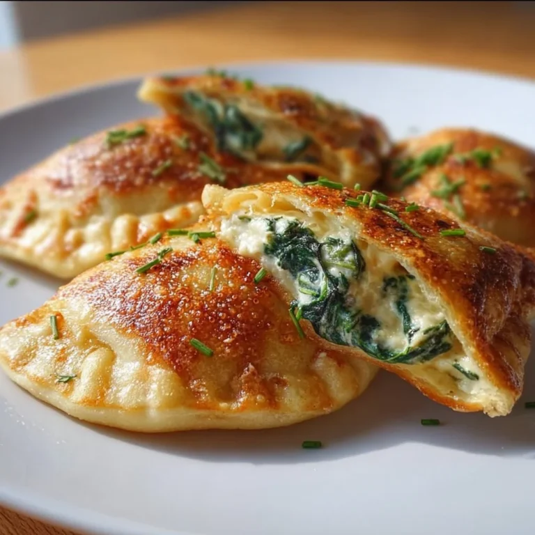 Leckere Kartoffeltaschen gefüllt mit Spinat und Frischkäse auf einem Teller