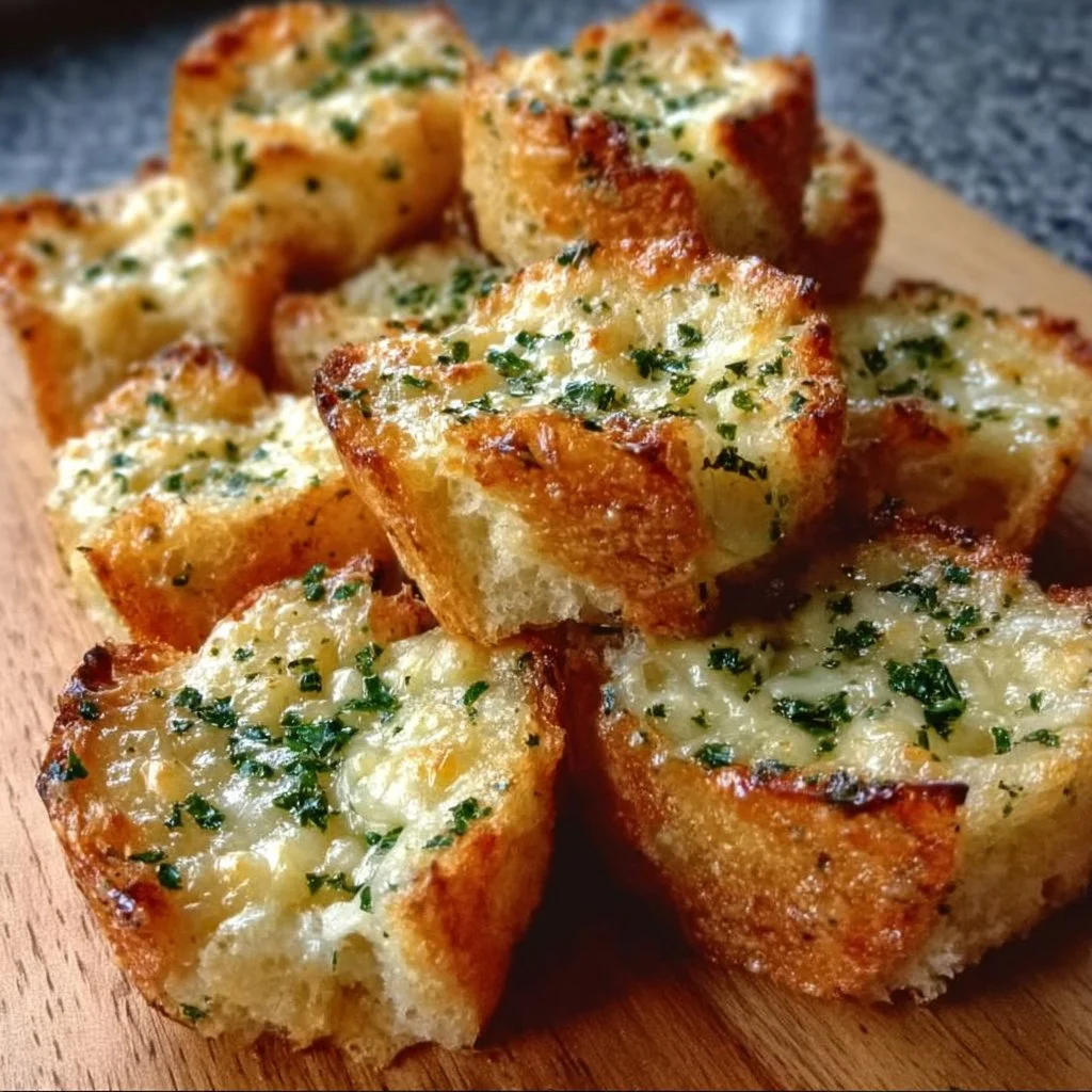 Käsige Knoblauchbrot Häppchen aus frisch gebackenem Brot und Käse