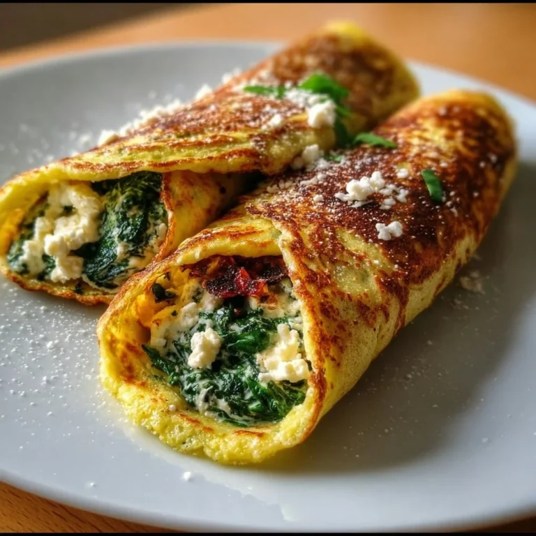Keto Pancake Wraps gefüllt mit Spinat und Feta auf einem Teller