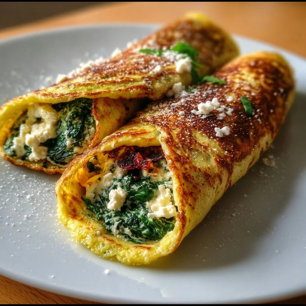 Keto Pancake Wraps gefüllt mit Spinat und Feta auf einem Teller