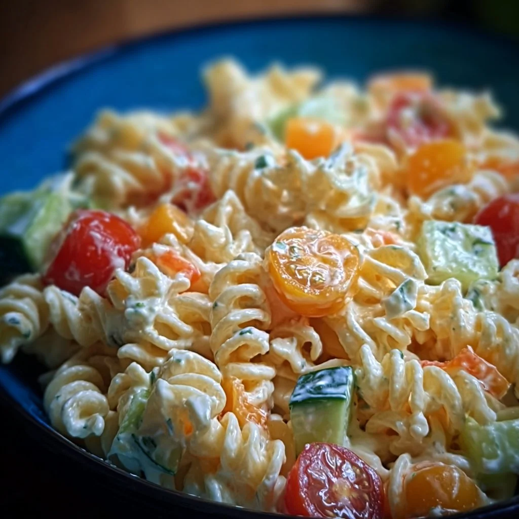 Bunter Kinder Nudelsalat mit Frischkäse in einer Schüssel