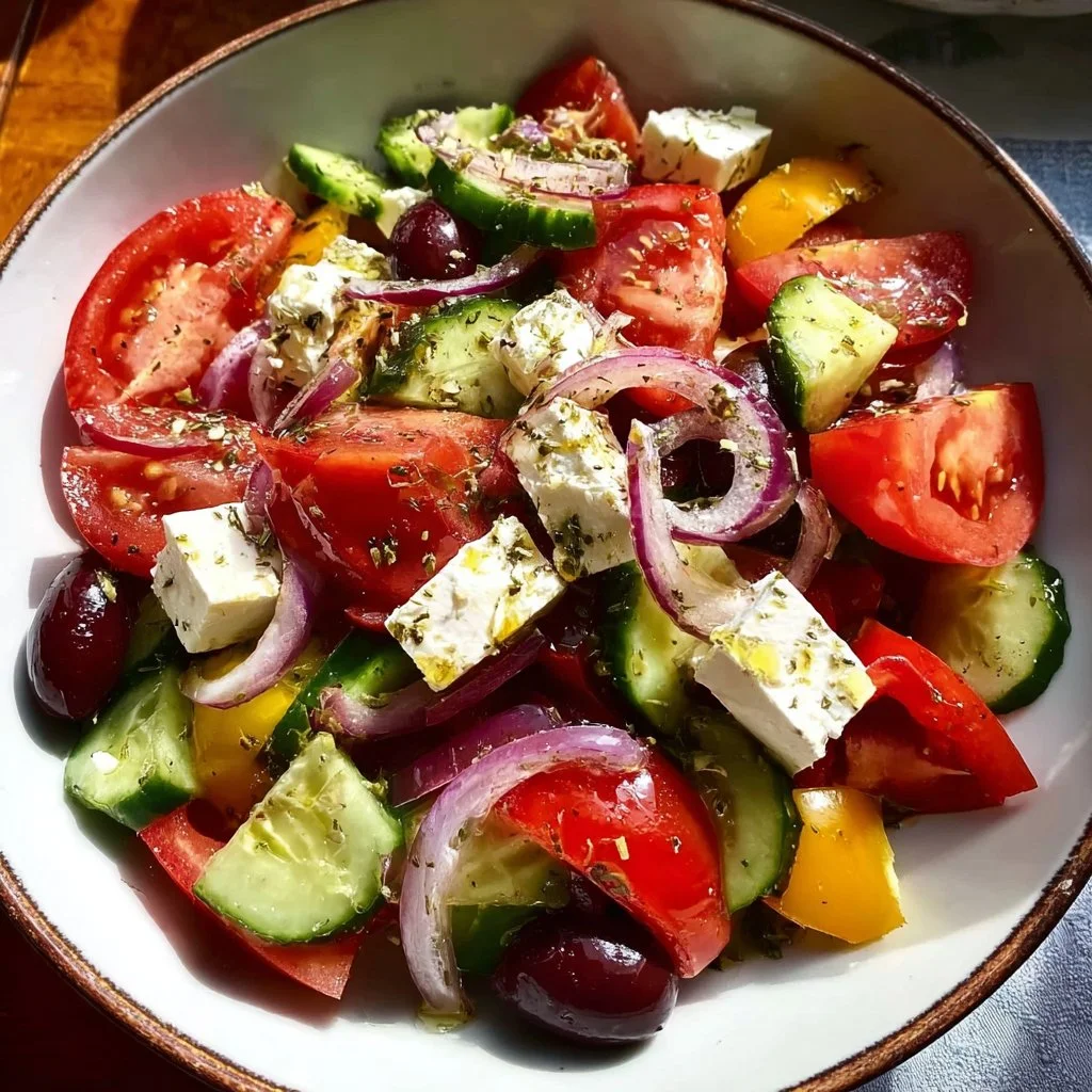Klassischer griechischer Salat mit Tomaten, Gurken, Oliven und Feta-Käse