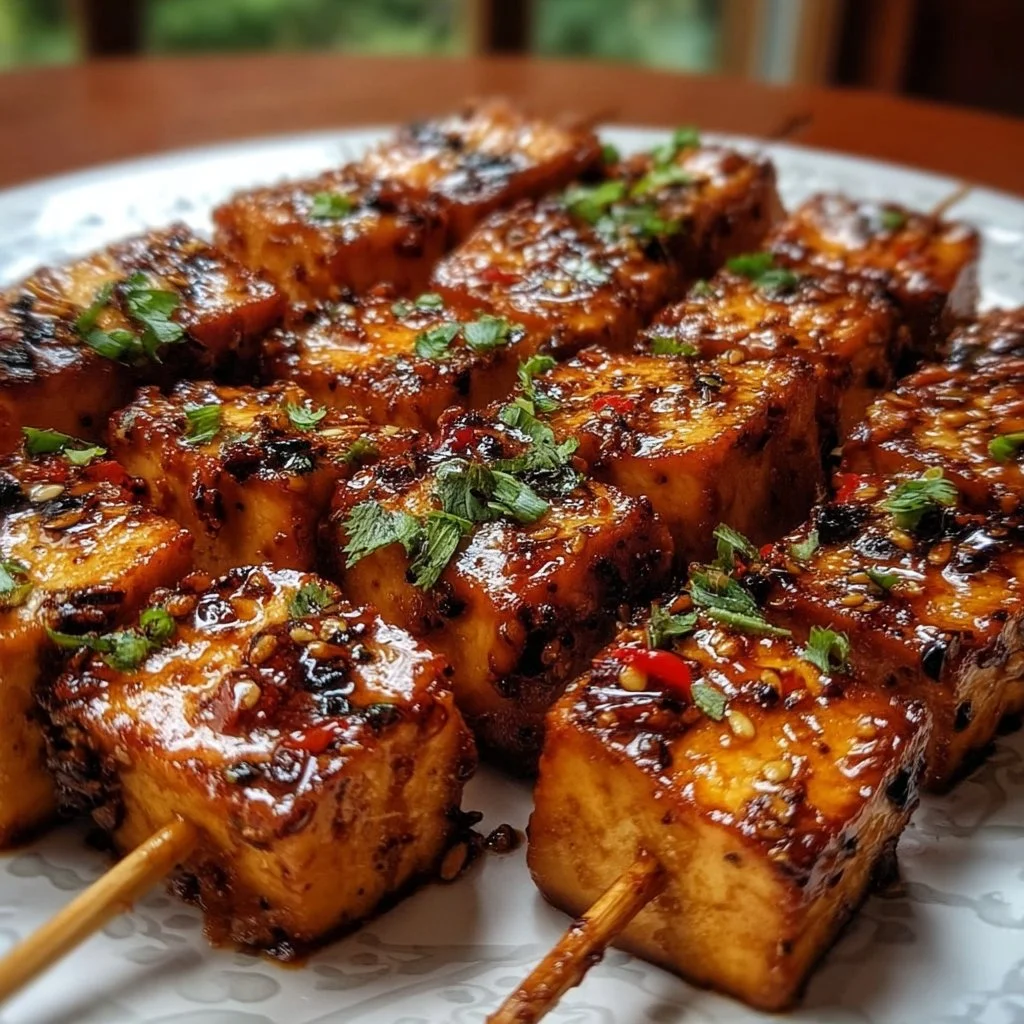 Leckere Knoblauch-Soja-Glasierte Tofu-Spieße auf einem Grill
