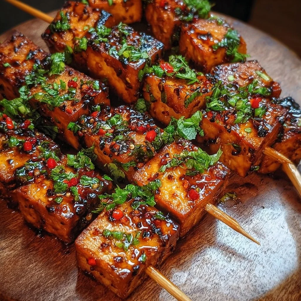 Knoblauch Soja glasierte Tofu Spieße auf einem Grill serviert.