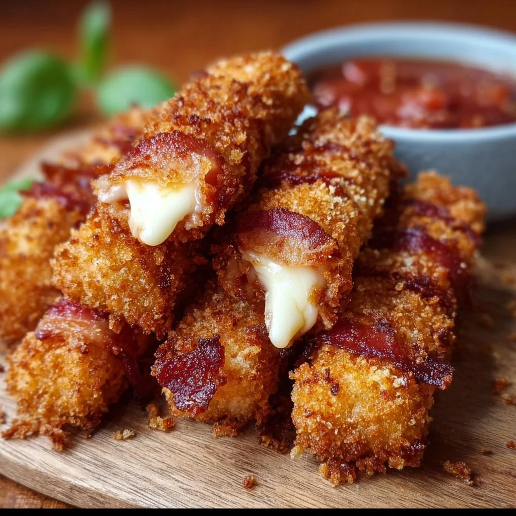 Knusprige Rindfleisch-Bacon-Mozzarella-Sticks auf einem Teller serviert