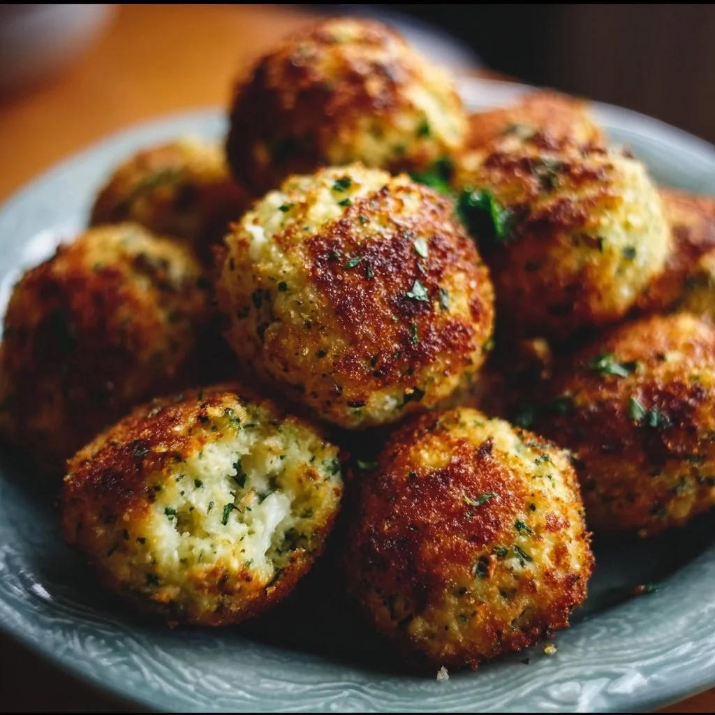 Knusprige Zucchini-Feta-Bällchen frisch aus dem Ofen.