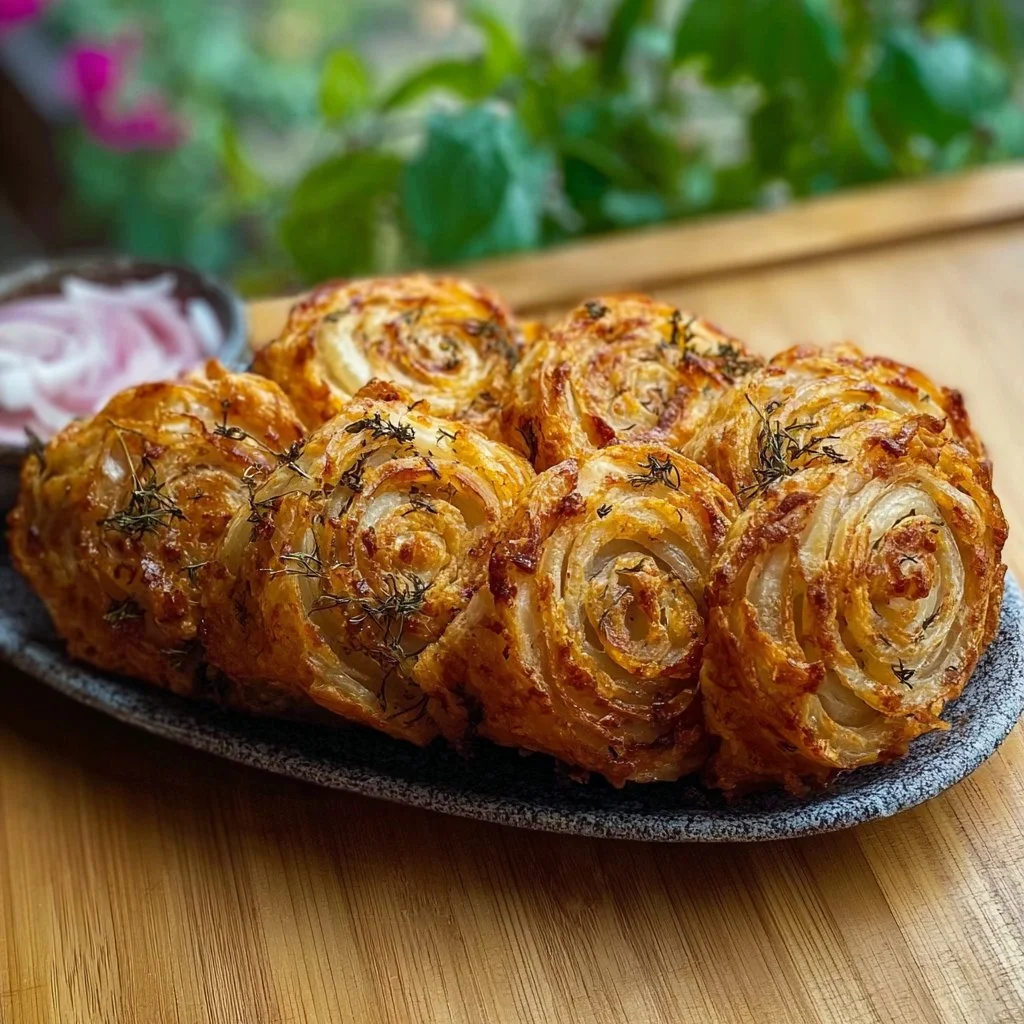 Knusprige Zwiebelrolle auf einem Teller serviert, ideal als Snack.