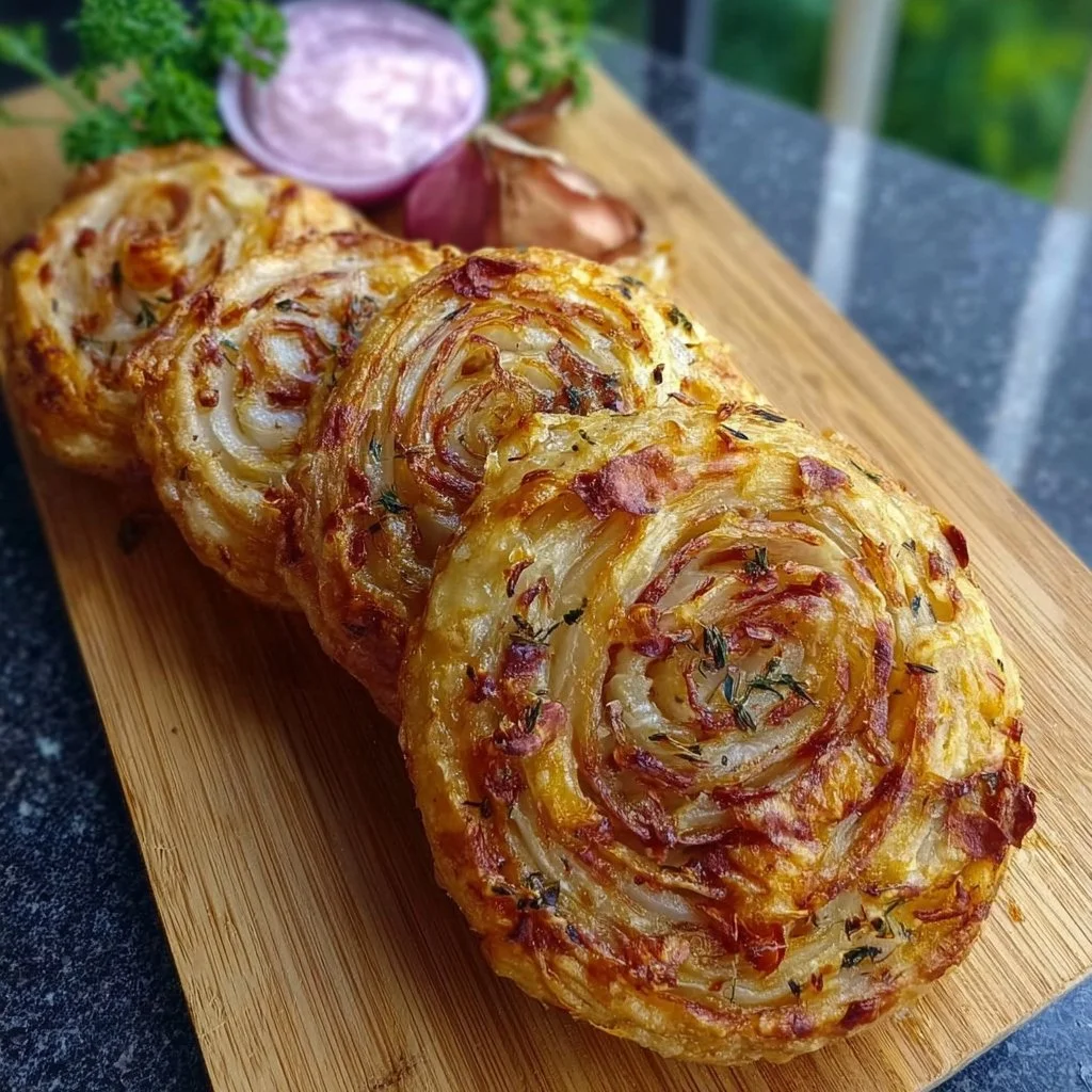 Knusprige Zwiebelrolle auf einem Teller präsentiert