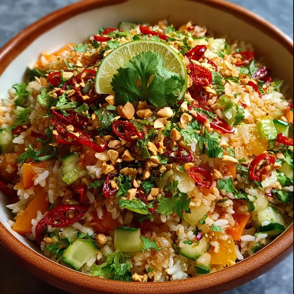 Knuspriger Erdnuss-Chili Reissalat auf einem Teller mit frischem Gemüse