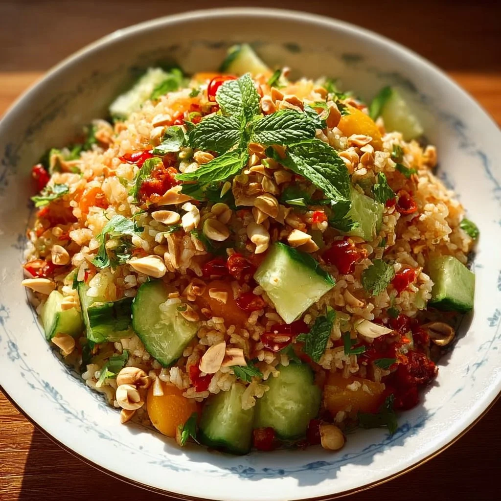 Knuspriger Erdnuss-Chili Reissalat, ideal für Sommergerichte