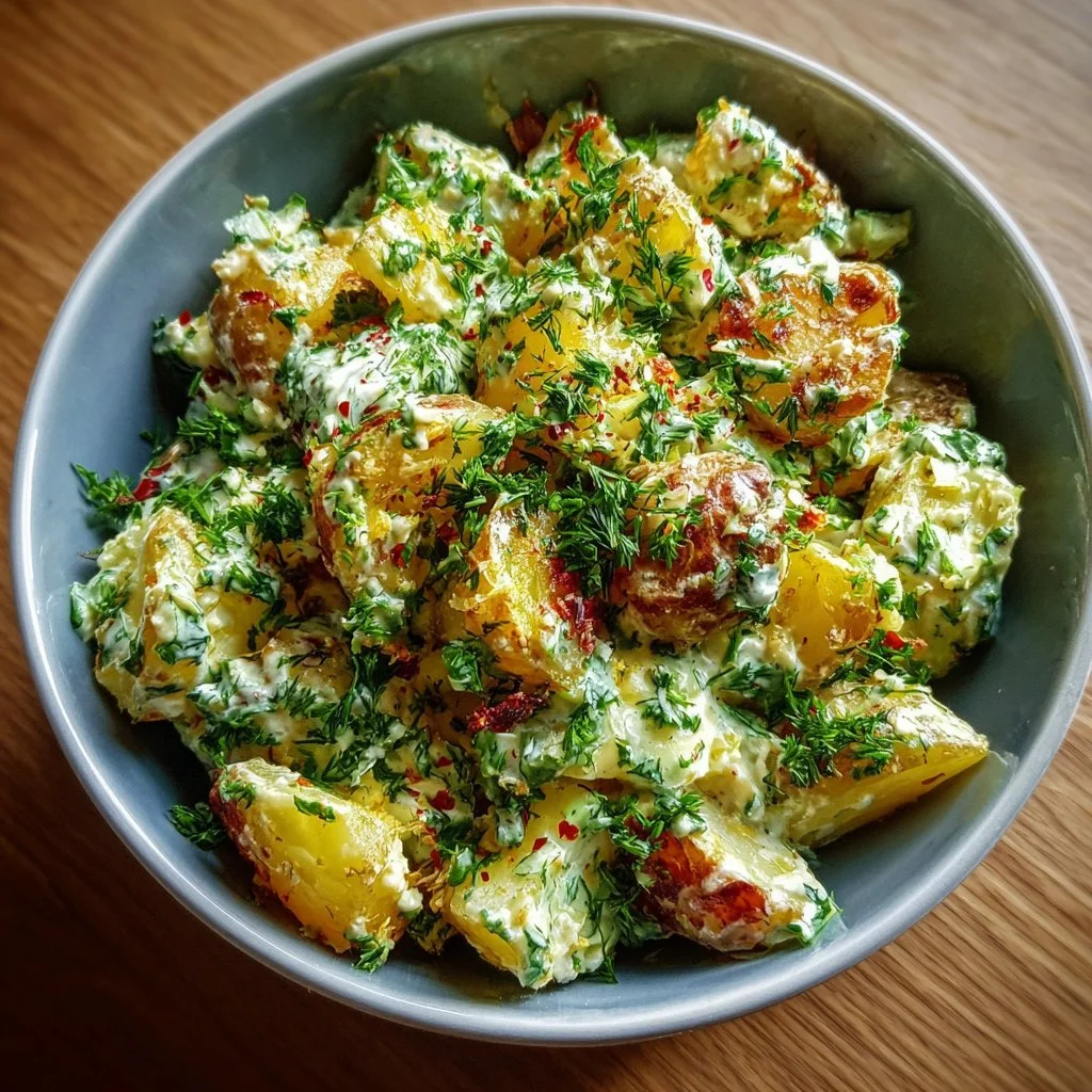Knuspriger Kartoffelsalat mit frischen Zutaten und würzigen Aromen