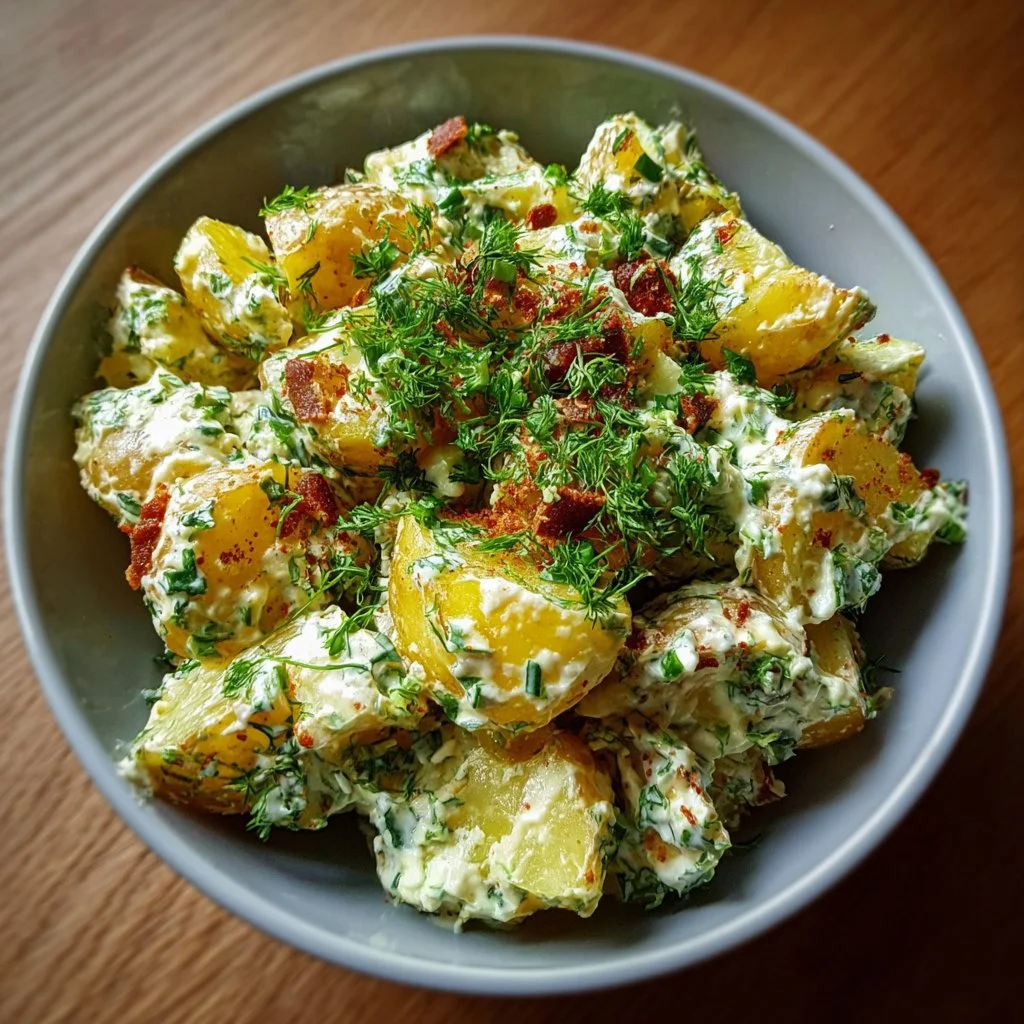 Knuspriger Kartoffelsalat mit frischen Zutaten und Gewürzen