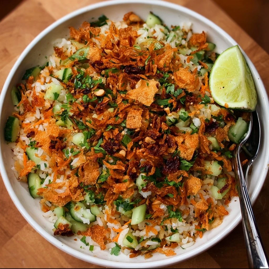 Knuspriger Reissalat mit frischen Zutaten und leckerem Dressing