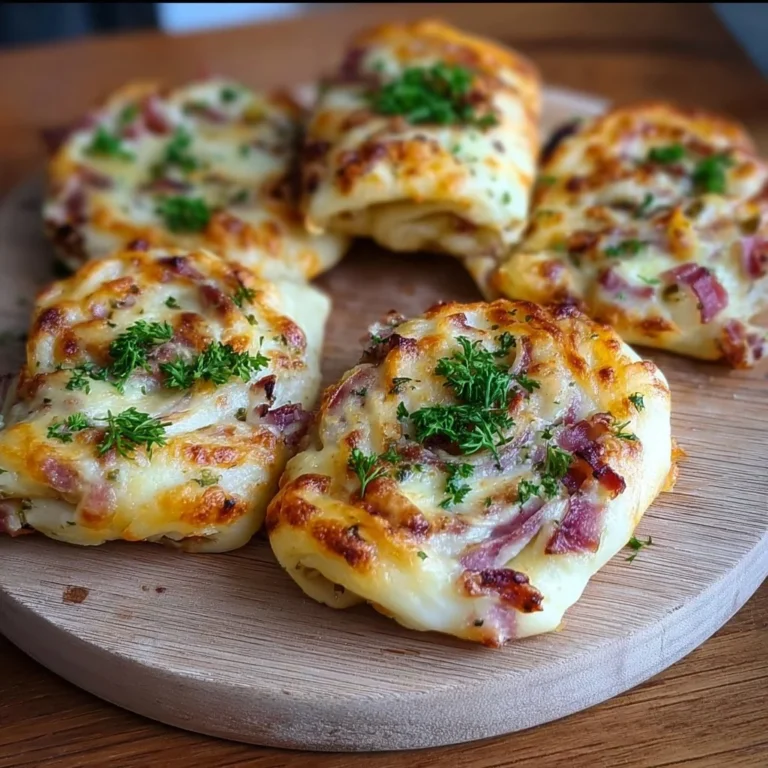 Frisch gebackene Flammkuchen Brötchen auf einem Holzbrett serviert