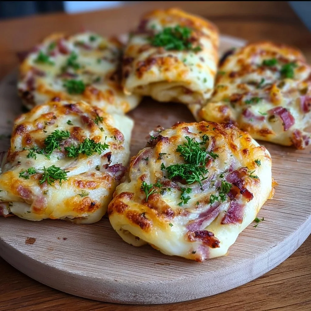 Frisch gebackene Flammkuchen Brötchen auf einem Holzbrett serviert