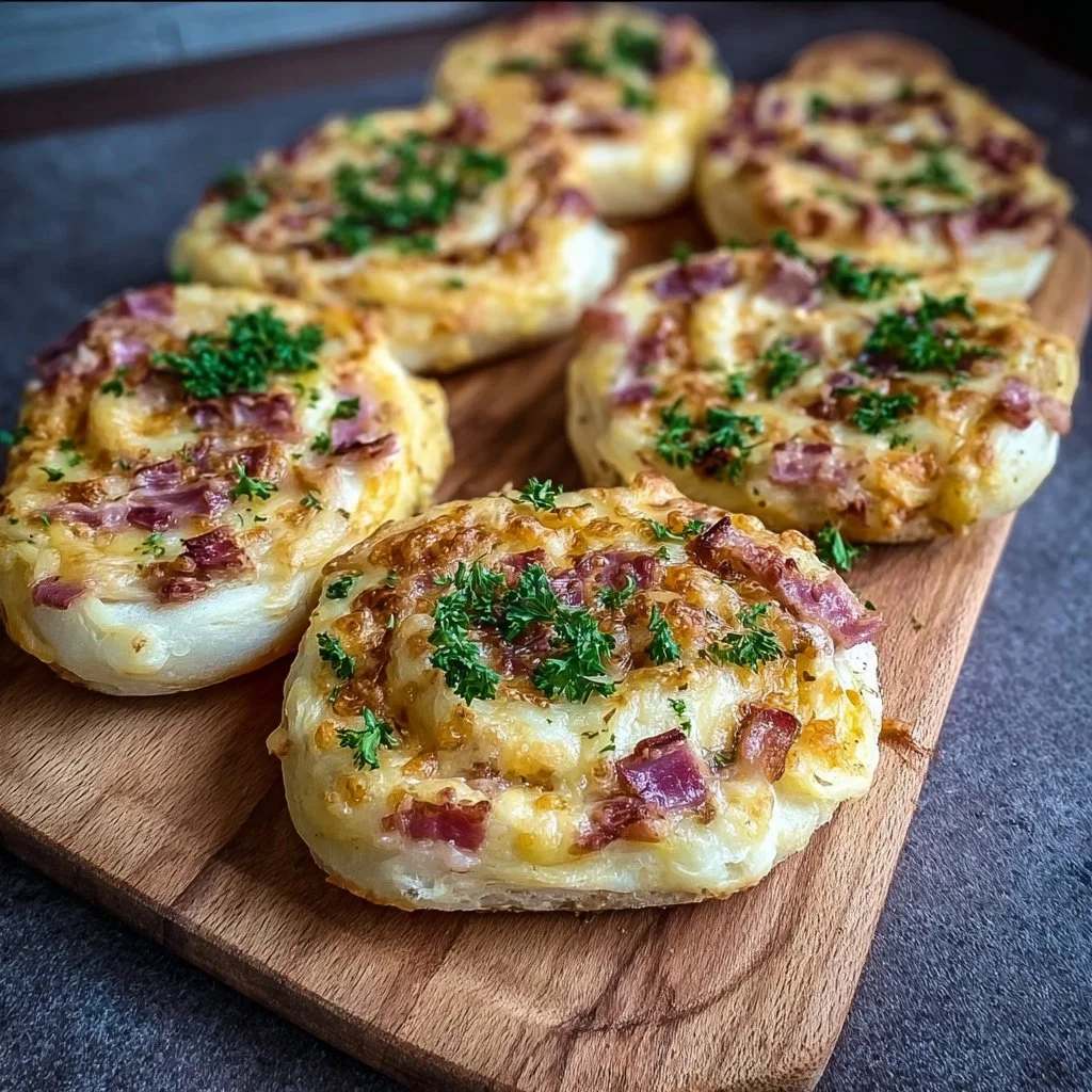 Köstliche Flammkuchen Brötchen als Snack mit 5 Zutaten.