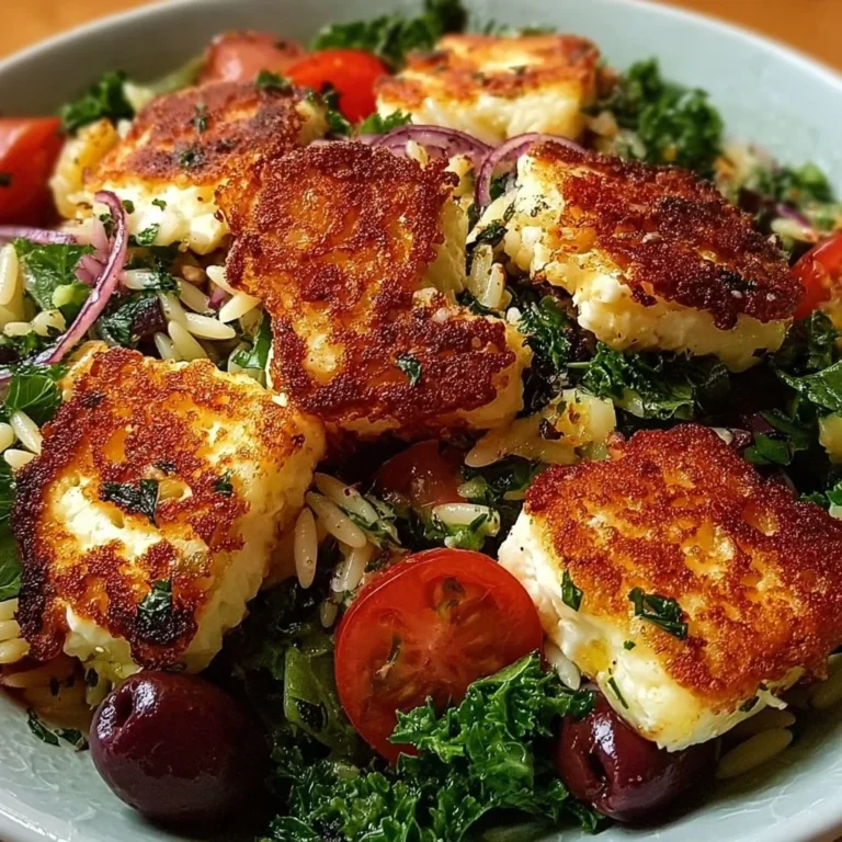 Kritharaki-Salat mit Halloumi-Croutons auf einem Teller serviert