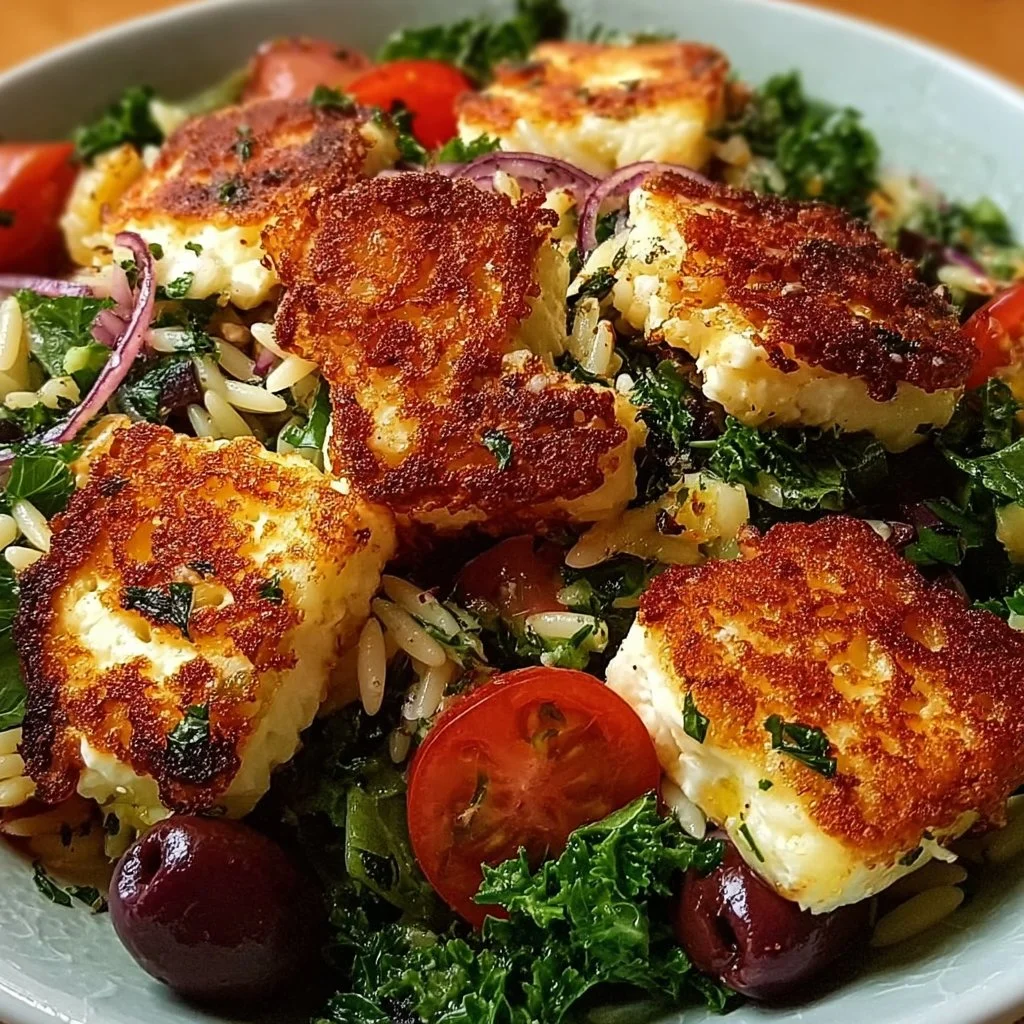 Kritharaki-Salat mit Halloumi-Croutons auf einem Teller serviert