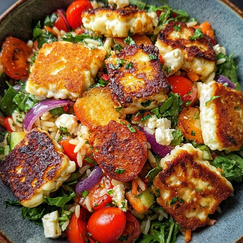Kritharaki-Salat mit Halloumi-Croutons