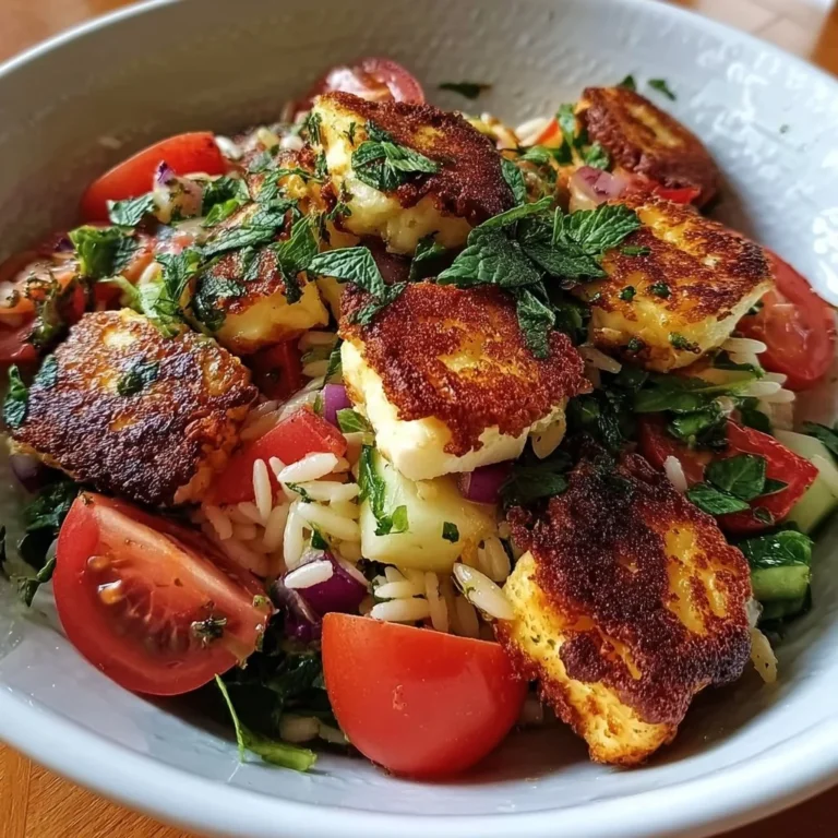 Kritharaki-Salat mit Halloumi-Croutons auf einem Teller serviert