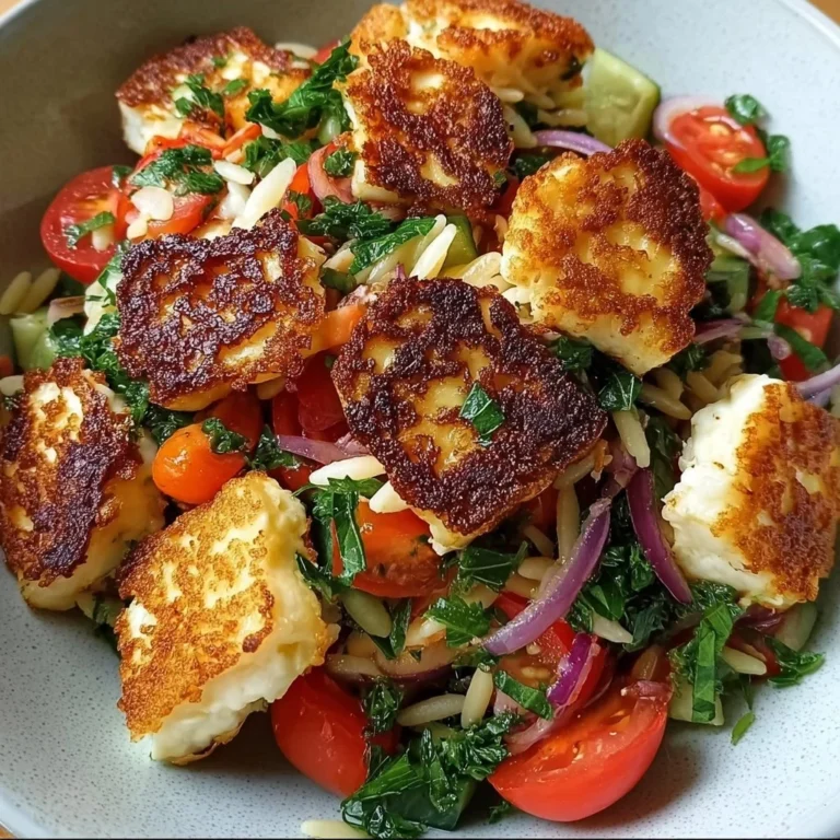 Kritharaki-Salat mit knusprigen Halloumi-Croutons auf einem Teller