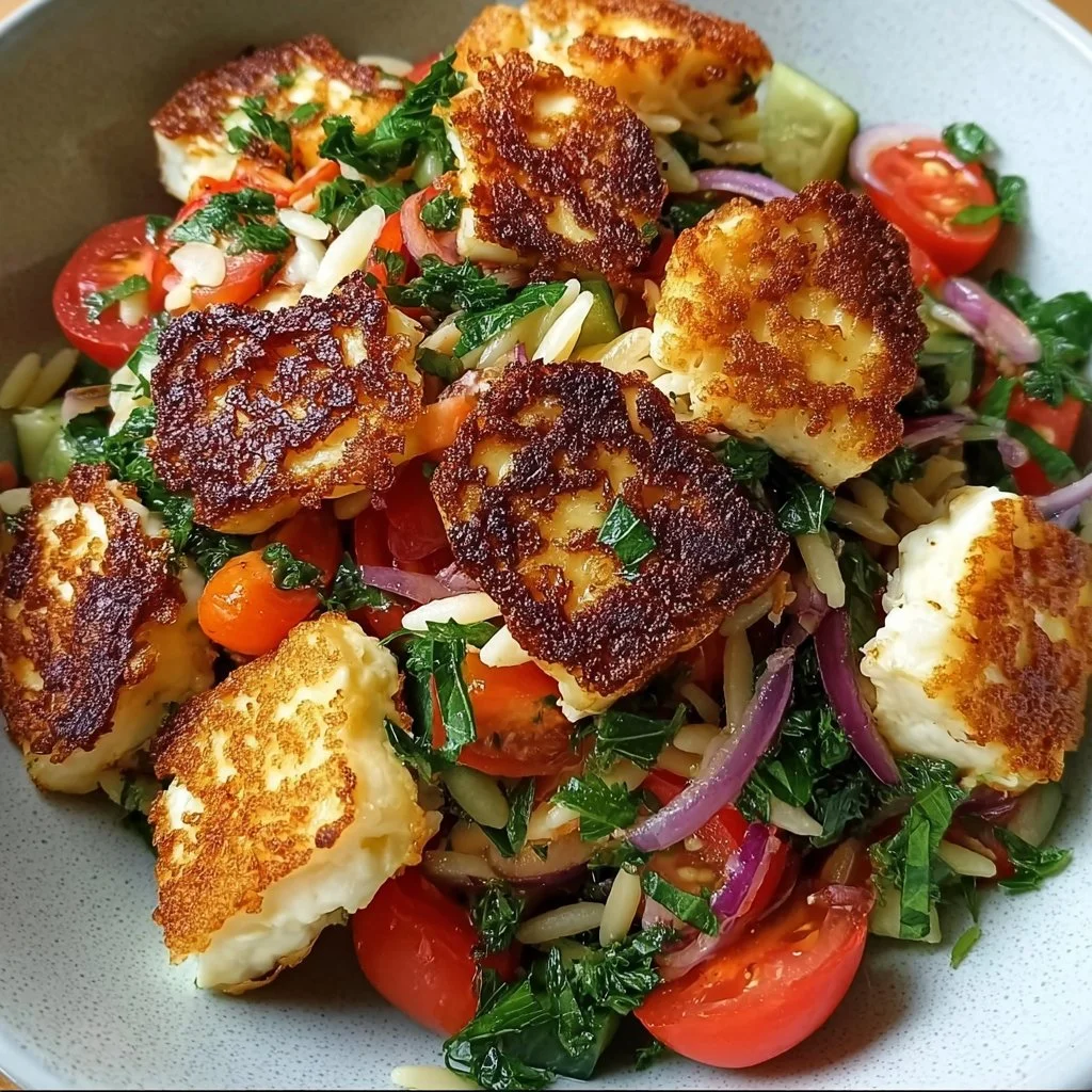 Kritharaki-Salat mit knusprigen Halloumi-Croutons auf einem Teller